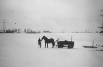 Boerderij " Ruimzicht " van Gijs Beukeboom 
Met zoon Wim aan het mest rijden. Op de achtergrond Blok 1.
