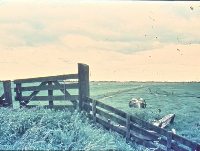 Het toegangshek naar het land van Joost Kruiswijk in de Lage Bijlmer, voorbij van Blokland
Op de achtergrond het Gein. De grootte van dit losse land was 12 ha.

