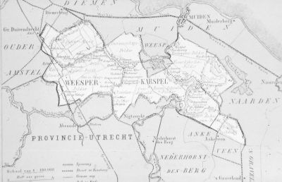 Kaart van de gemeente Weesperkarspel in 1869
Groot 4688 bunders, 1500 inwoners.
