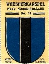 Weesperkarspel
Eerste Gemeentewapen van Weesperkarspel. Het werd in1817 toegekend en de blazoenering werd omschreven als 'zijnde van lazuur beladen met een pal van sabel'. Deze kleurcombinatie is overigens niet toegestaan in de heraldiek.

Keywords: Weesperkarspel;gemeentewapen
