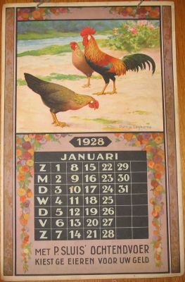 P. Sluis, fabriek pluimvee-, vee- en vogelvoeder 
De Leghorn, nu in de 'patrijs' variant, op een kalenderblad uit 1928. Van het vierde ras, de Welsumer, was geen afbeelding beschikbaar.
Keywords: Geinbrug;Driemond;Sluis,pluimvee;vee;vogel;voeder;reclame