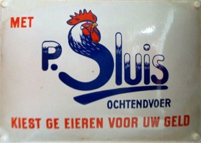 P. Sluis, fabriek pluimvee-, vee- en vogelvoeder 
Emaille reclamebord
Keywords: Geinbrug;Driemond;Sluis,pluimvee;vee;vogel;voeder;reclame