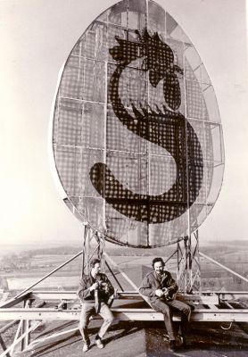 P. Sluis, fabriek pluimvee-, vee- en vogelvoeder 
Het logo, de o zo bekende haan! Hier op het dak van de fabriek, waar ook de heren Ton van Schaik en Jan Veldhuizen zitten om foto's te nemen. 
Tjeerd Bottema (1884-1978) zou de ontwerper van het logo zijn. Van zijn hand is ook het bekende logo van de RVS verzekeringsmaatschappij: paraplu, man met wandelstok, hondje.
Keywords: Geinbrug;Driemond;Sluis,pluimvee;vee;vogel;voeder;logo;haan;Bottema