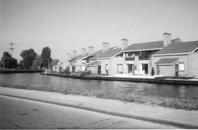 Kippenbuurt
1987. Op het vrijgekomen terrein van de (gesloopte) Sluis (vee-, pluimvee- en vogelvoeder) fabriek werd een nieuwe woonwijk gebouwd. De straten hebben alle  kippenrassen-namen, en de wijk staat dan ook bekend als de 'Kippenbuurt'. Hier de 'tuinzijde' van de woningen aan de Wyandottestraat, met achter links de Provinciale weg nog net zichtbaar. Foto vanaf het Zandpad.
Keywords: Kippenbuurt;Sluis fabriek;Driemond;Geinbrug