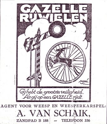 Van Schaik
Reclame van Van Schaik. Rond 1938. 
Keywords: Geinbrug;Driemond;rijwielen;taxi;benzinepomp;van Schaik;reclame