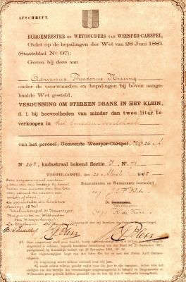 Niesing
vergunning 1905 voor schenken alcohol.
Keywords: Geinbrug;Driemond;Gaasperdam;Ringsloot;Niesing;hooi;stro;café;Gaasperzicht