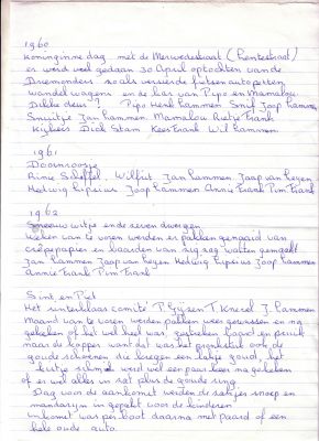 Sinterklaas en Koninginnedag.
Deze notities zijn waarschijnlijk van Hannie de Vries. Het bijschrift bij de scan was 'Het verhaal bij Hannie de Vries'. Hieruit blijkt dat er nogal wat organisatie vooraf ging aan een Sinterklaasintocht. Ook zijn er een drietal jaartallen met beschrijvingen van '30 april optochten' (dus Koninginnedag). Bij de drie beschreven 'praalwagens' is zij waarschijnlijk betrokken geweest.
Keywords: Sinterklaas;Koninginnedag